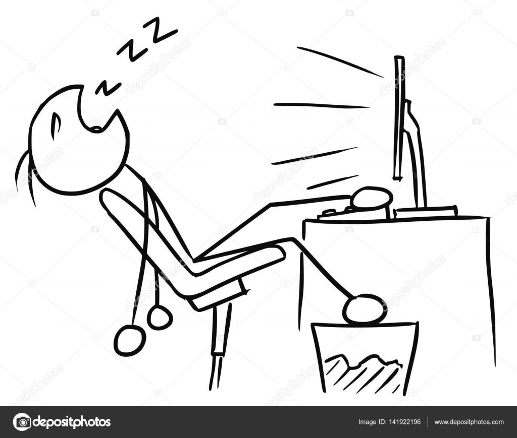 1024x869 Cartoon Of Man Sleeping Infront Of The Computer Screen Stock