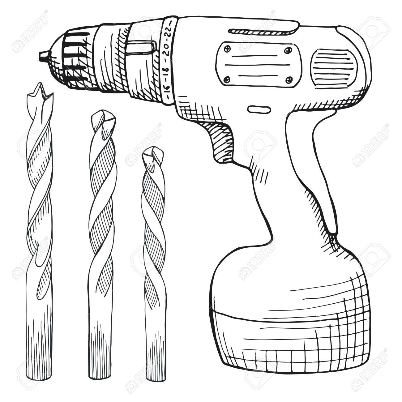 1300x1300 Set Of Screw Gun, And Wood Drill. Tools Illustration In Vector