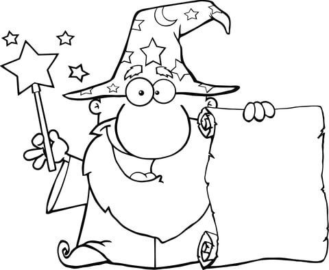 480x393 Wizard Waving With Magic Wand And Holding Up A Scroll Coloring