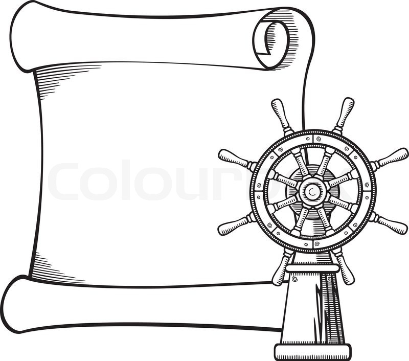 800x706 Captain's Wheel And Paper Scroll In Black And White Stock Vector