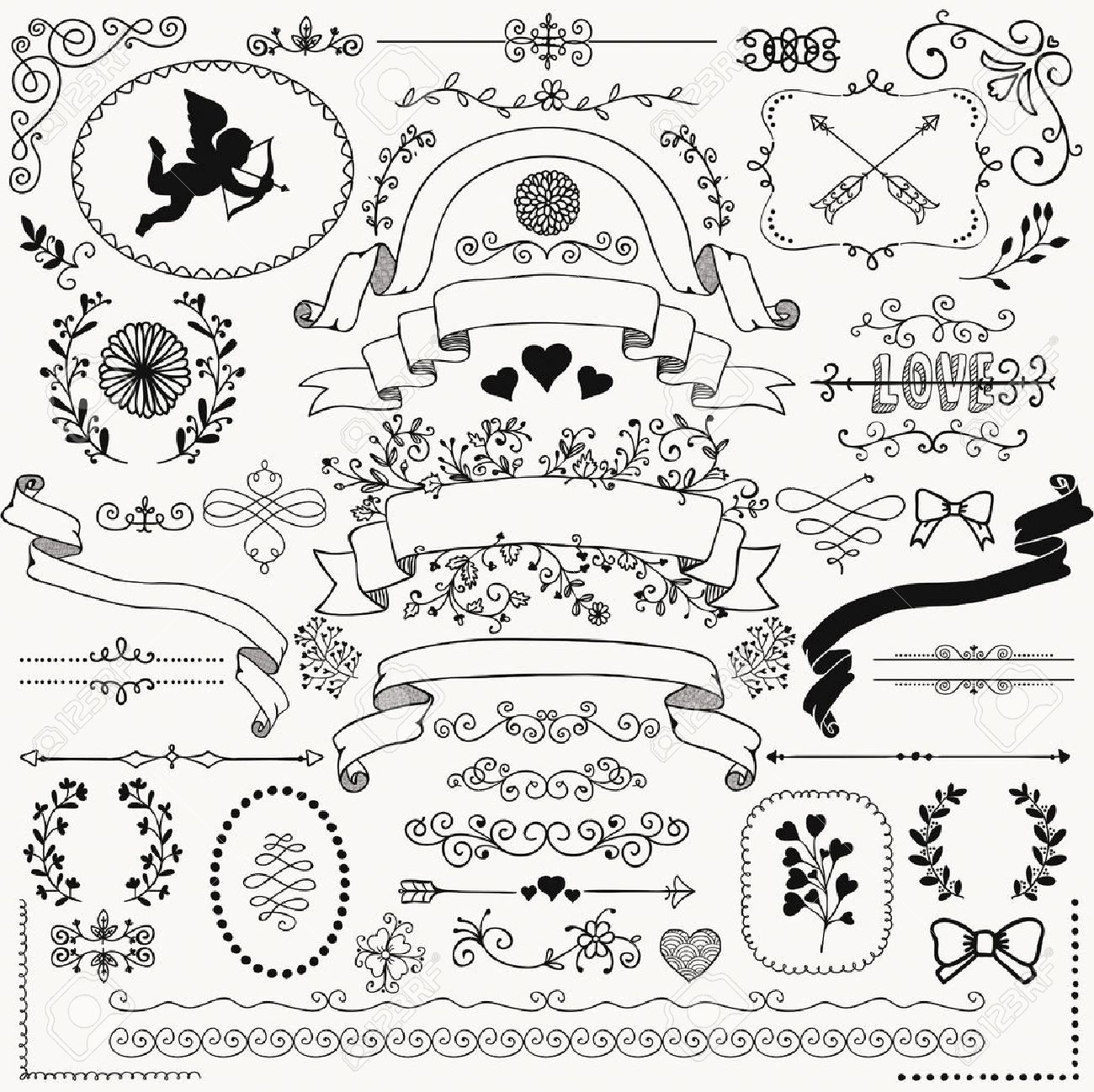 1300x1298 Vector Black Hand Sketched Rustic Floral Doodle Swirls, Branches