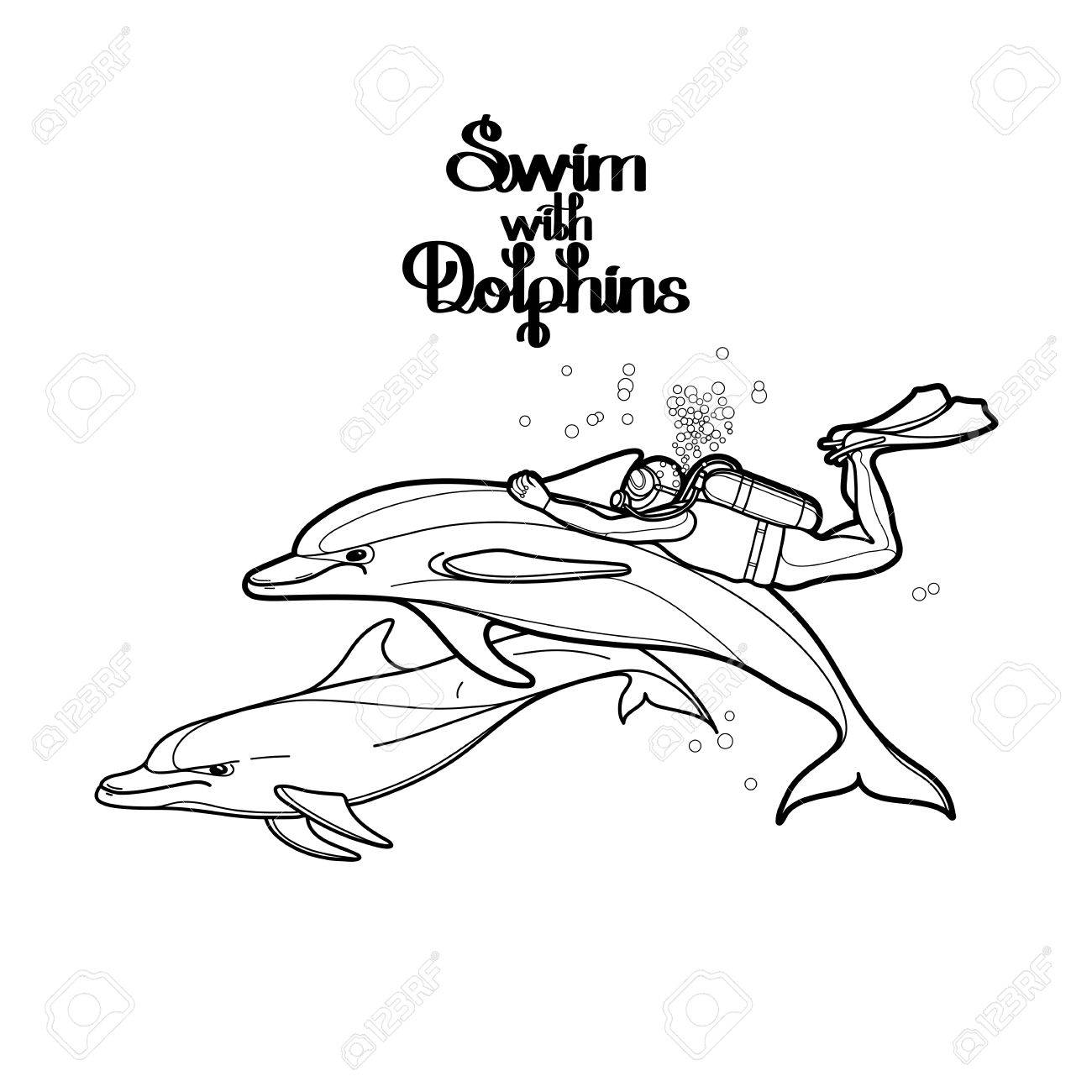 1300x1300 Graphic Scuba Diver Riding The Dolphin. Summer Underwater Activity