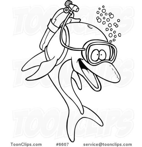 581x600 Cartoon Black And White Line Drawing Of A Scuba Dolphin