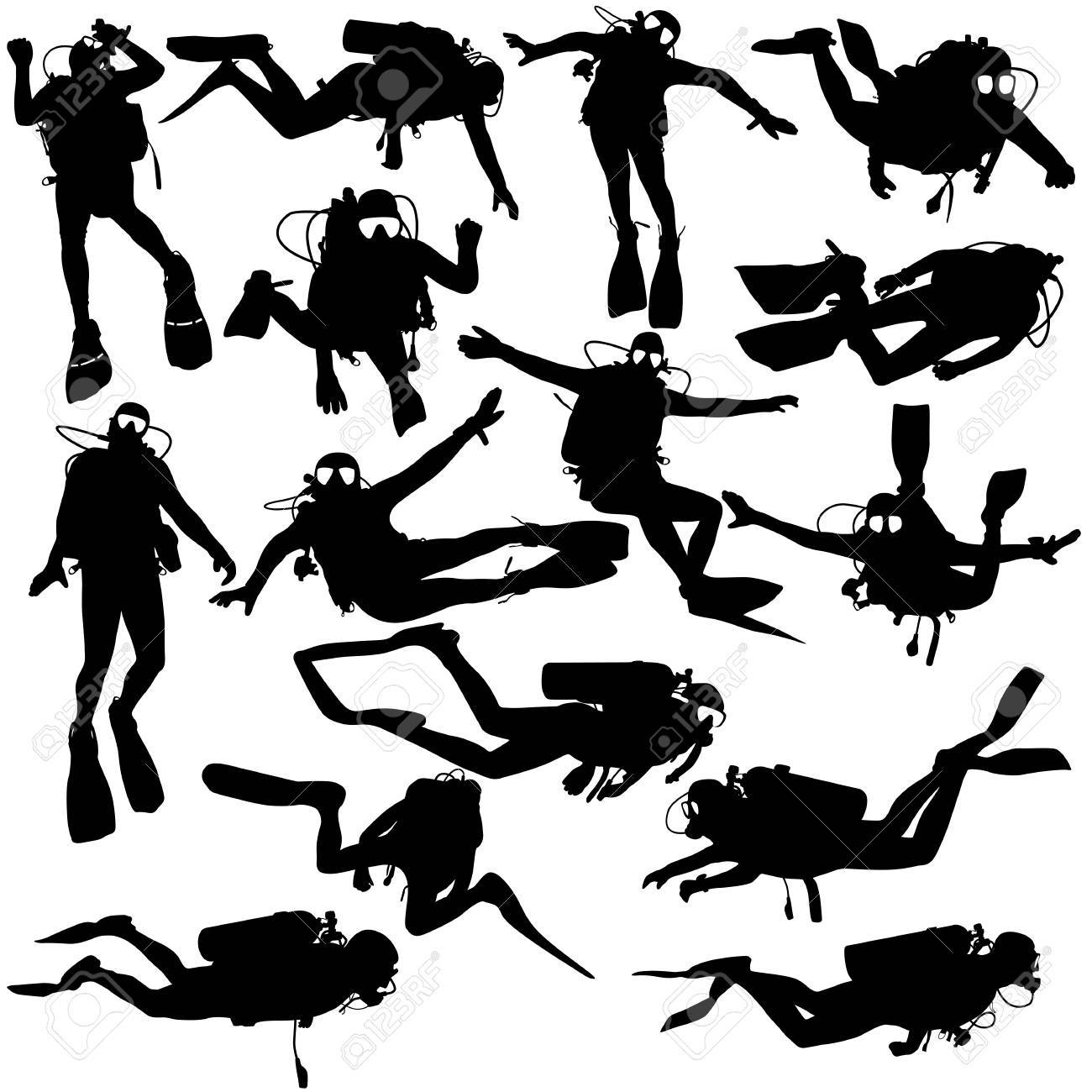 1300x1300 Set Black Silhouette Scuba Divers. Royalty Free Cliparts, Vectors