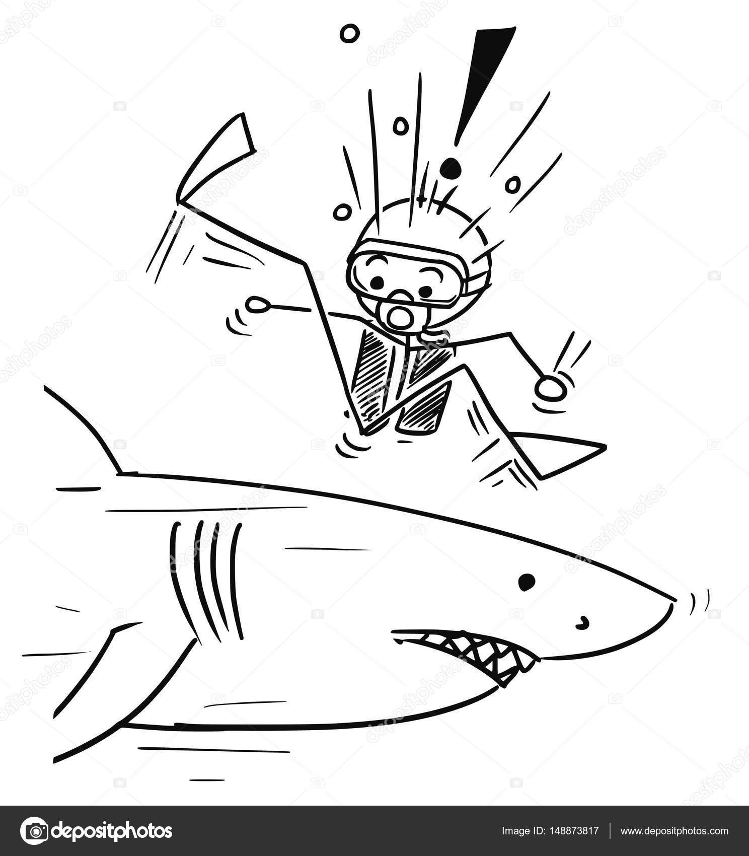 1488x1700 Vector Stick Man Cartoon Of Scuba Diver Meet Large Shark Stock