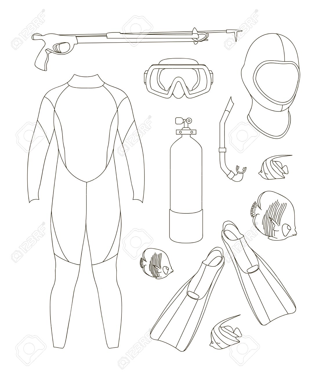 1131x1300 Vector Icons Set Of Diving Equipment. Aqualung, Oxygen Cylinders