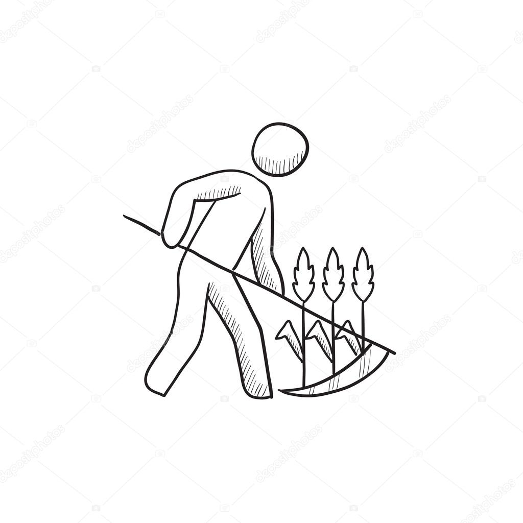 1024x1024 Man Mowing Grass With Scythe Sketch Icon. Stock Vector