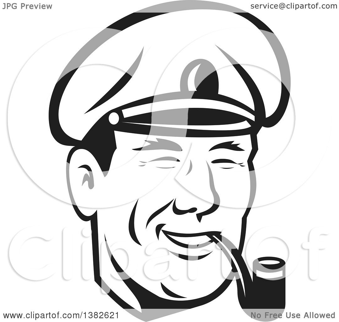 1080x1024 Clipart Of A Retro Black And White Sea Captain Smoking A Pipe