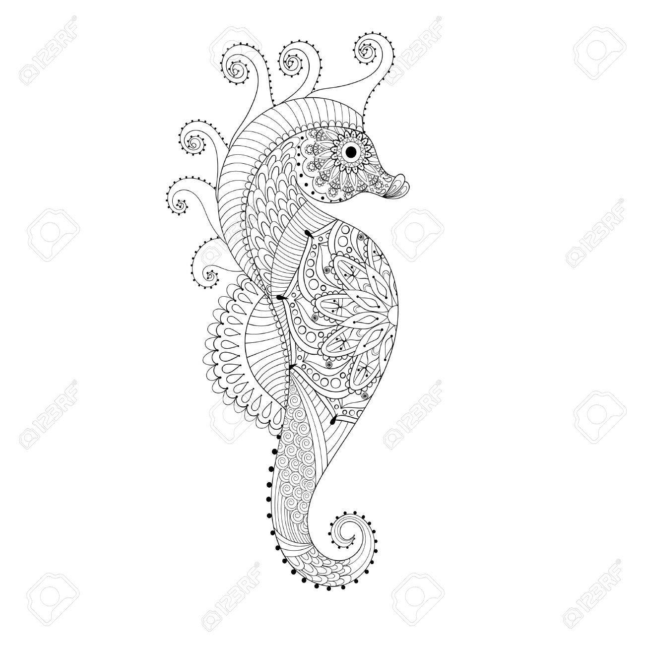 1300x1300 Hand Drawn Sea Horse For Adult Coloring Pages In Doodle, Zentangle