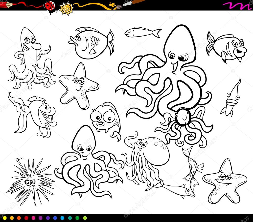 1023x899 Sea Life Group Coloring Book Stock Vector Izakowski