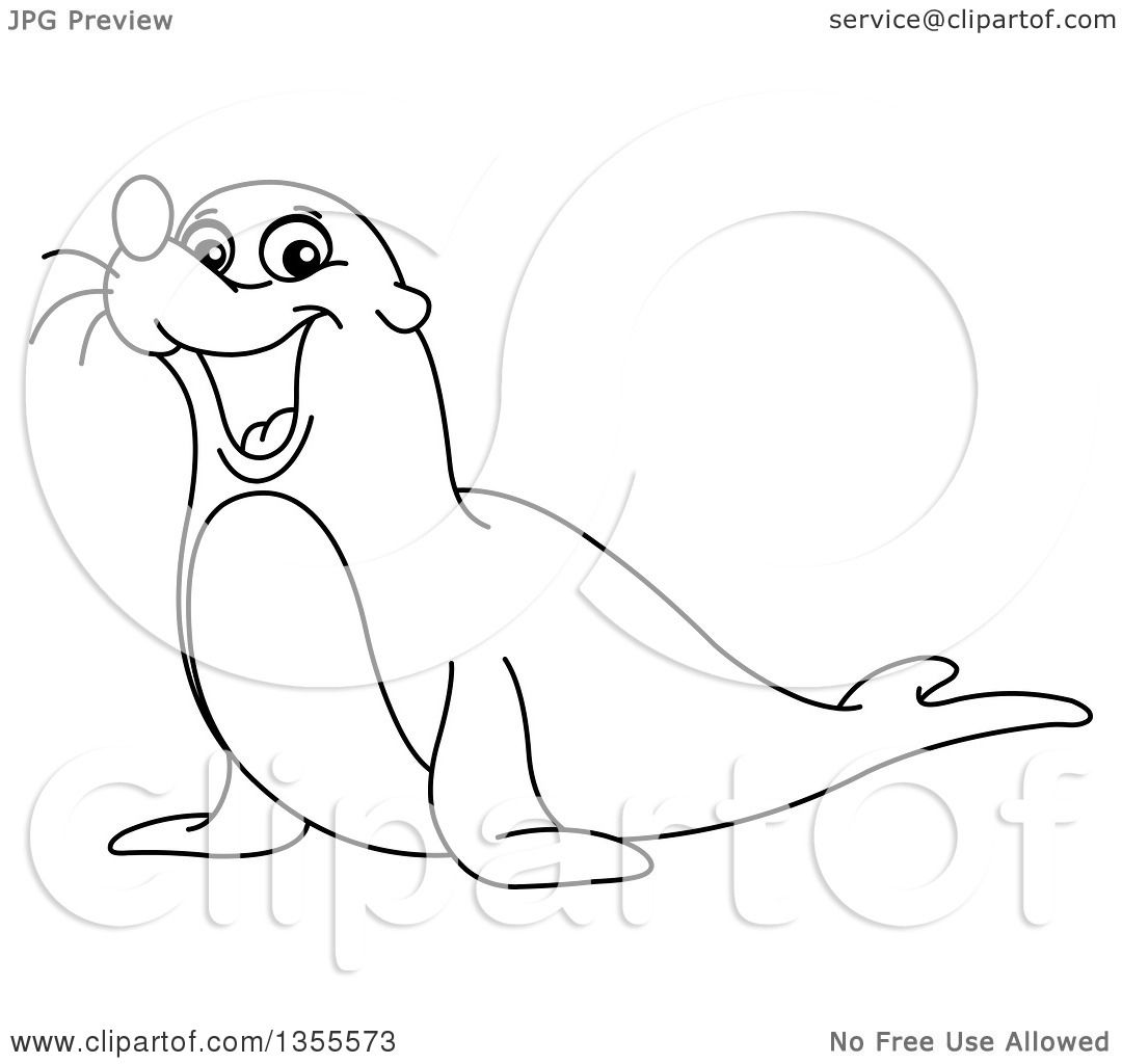 1080x1024 Clipart Of A Cartoon Outlined Black And White Sea Lion