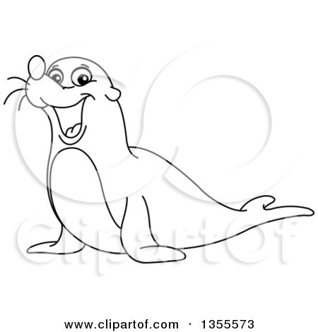450x470 Clipart Of A Cartoon Outlined Black And White Sea Lion