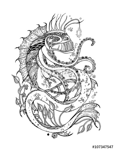 385x500 Angler Fish Tattoo. Sea Monster Tattoo. Adult Coloring Page