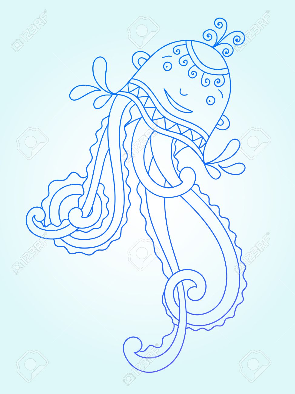 974x1300 Blue Line Drawing Of Sea Monster, Underwater Decorative Medusa