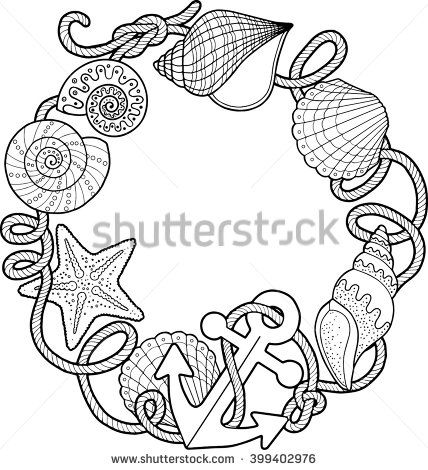428x470 Round Frame Made Of Shells. Coloring Pages. Vector Elements