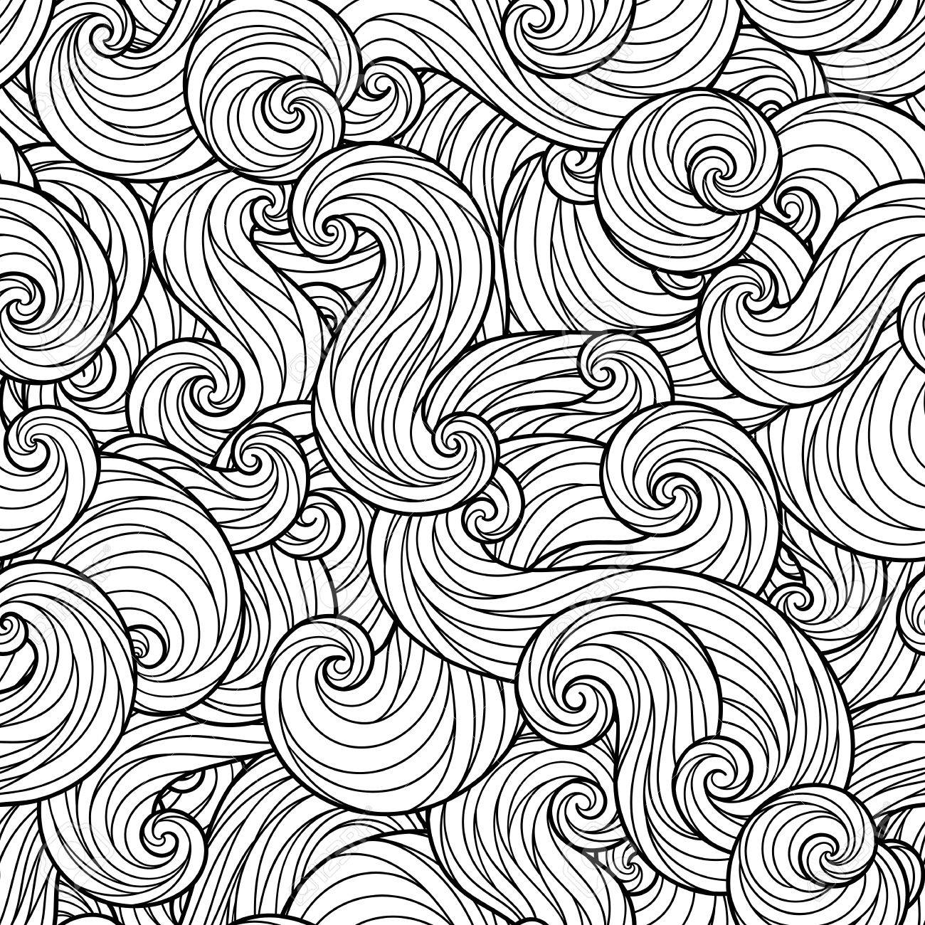 1300x1300 Sea Waves Seamless Pattern. For Coloring Pages, Backgrounds