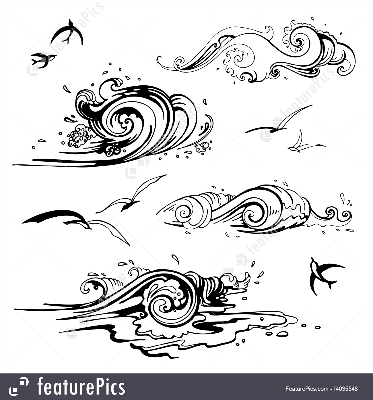 1300x1392 Sea Waves Set Hand Drawn Vector
