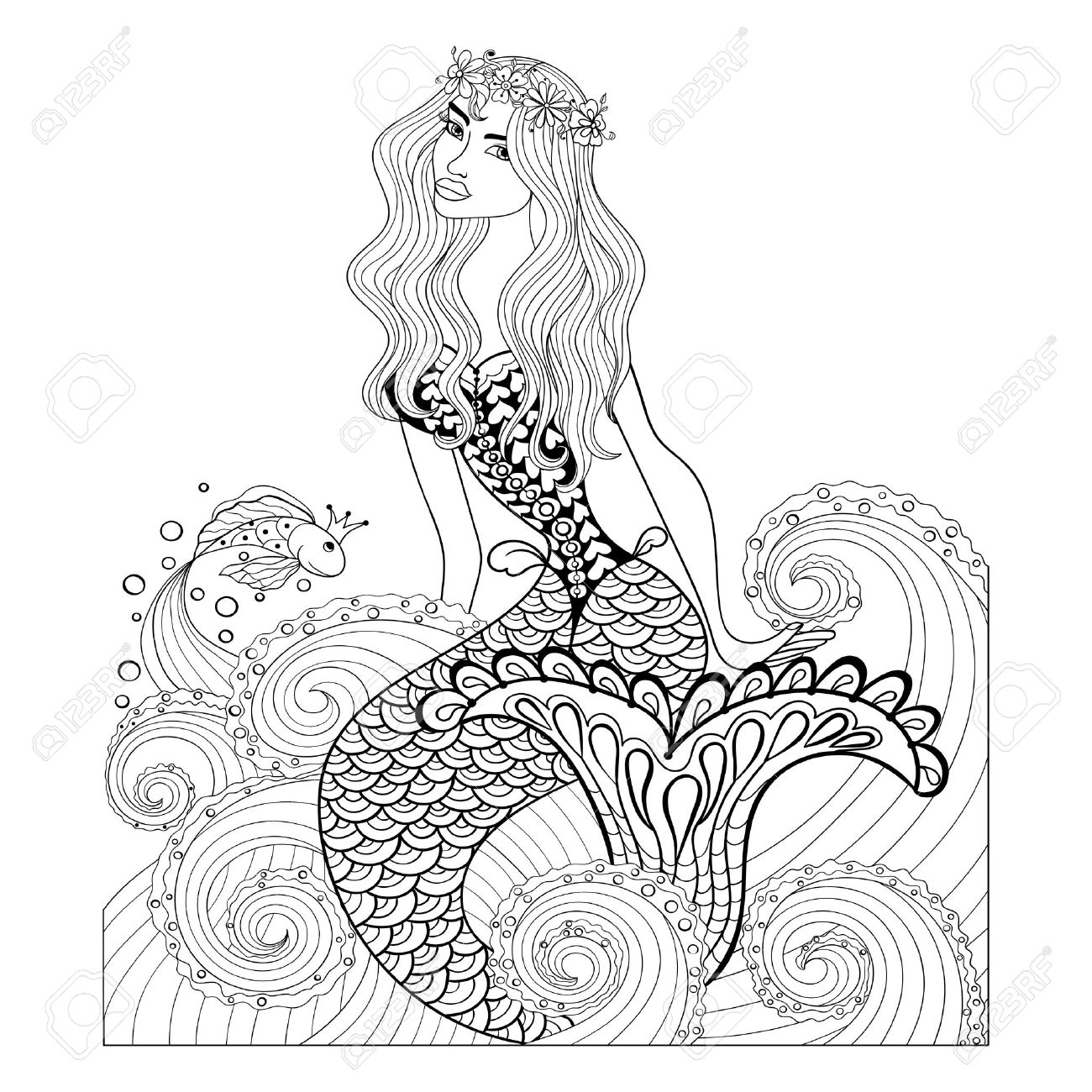1300x1300 Fantastic Mermaid In Sea Waves With A Goldfish And Wreath On