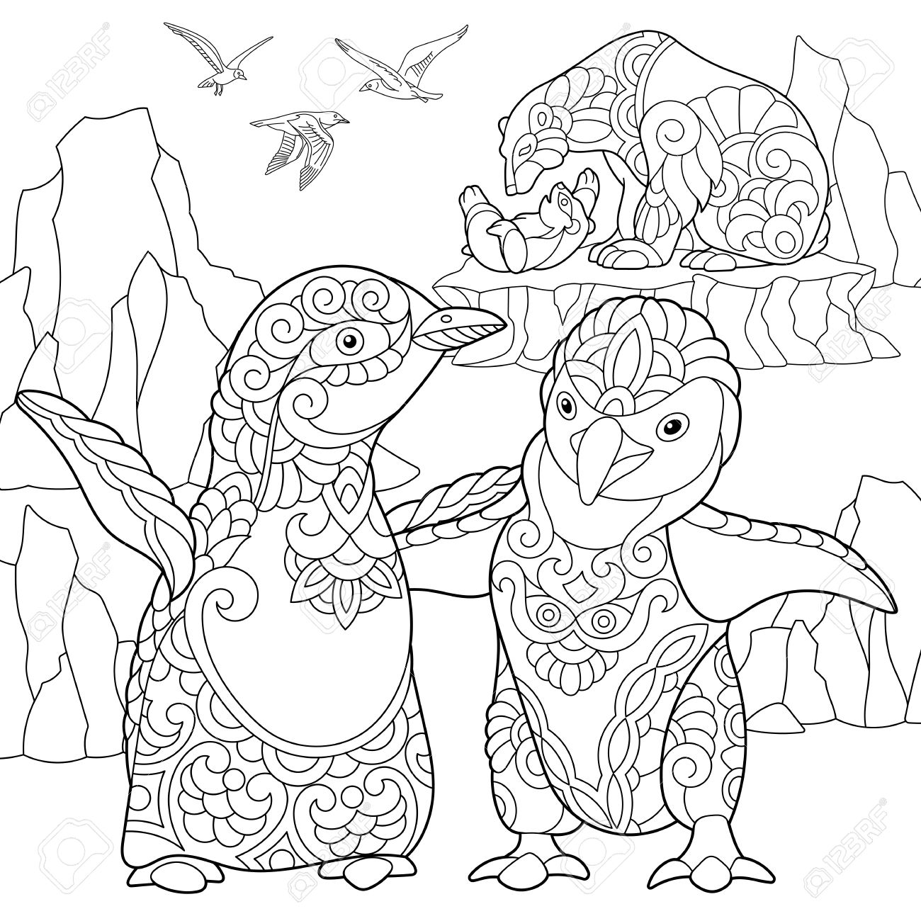 1300x1300 Coloring Page Of Emperor Penguins, Polar Bears And Seagulls