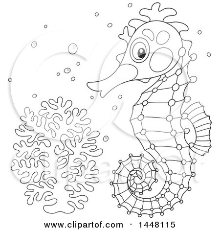 450x470 Clipart Of A Cartoon Black And White Lineart Cute Seahorse By