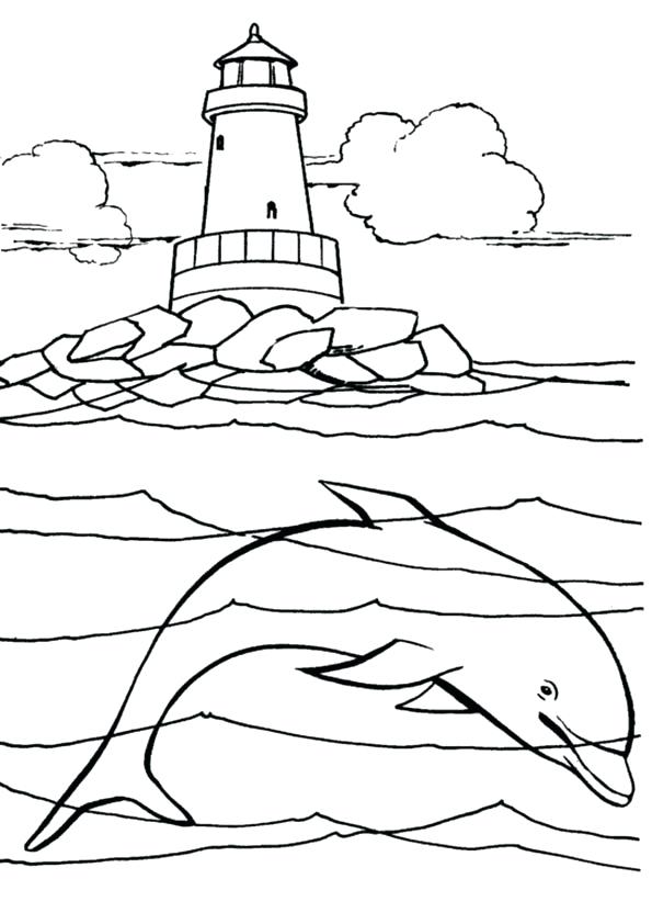 595x842 Coloring Pages Under The Sea Lighthouse Coloring Page With Dolphin