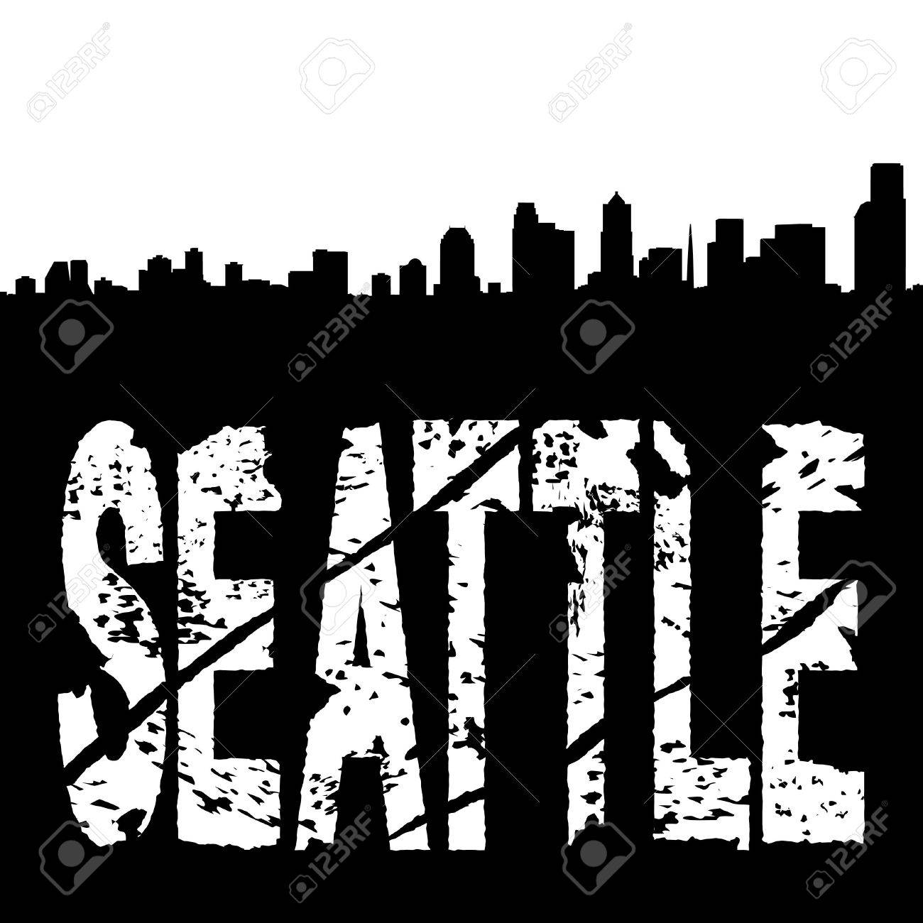 1300x1300 Seattle Grunge Text With Skyline Illustration Stock Photo, Picture