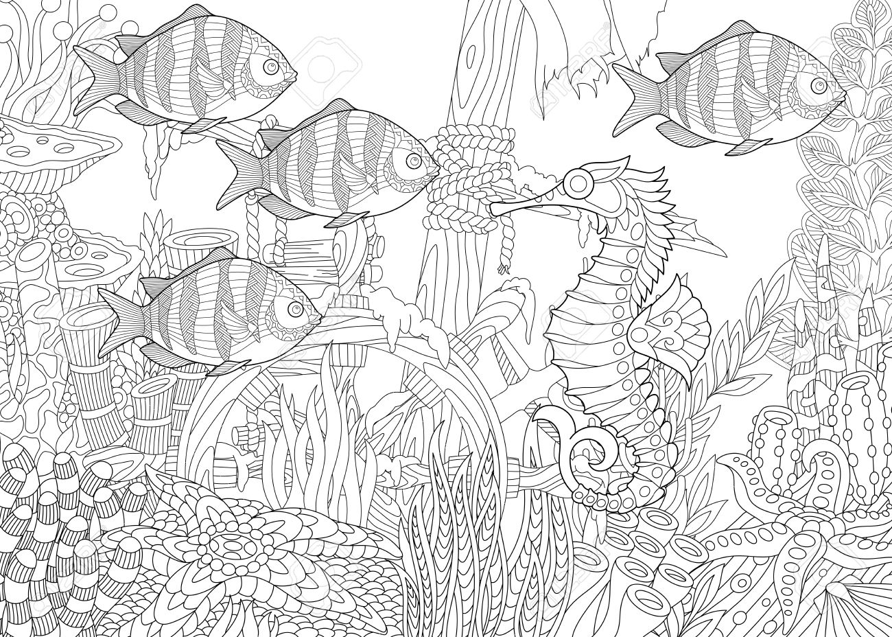 1300x928 Stylized Composition Of Tropical Fish, Seahorse, Underwater