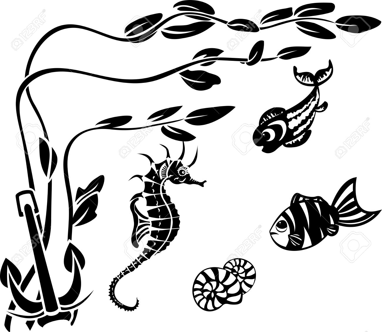 1300x1130 Underwater World, Stencils, Algae, Fish And Seahorseunderwater