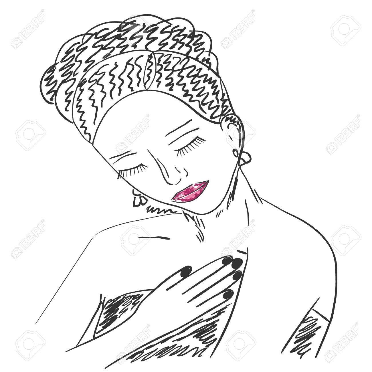 1300x1300 Girl With Closed Eyes, Vector Sketch Illustration Royalty Free