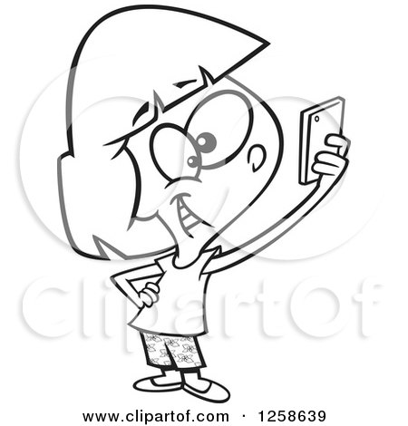 450x470 Clipart Of A Black And White Cartoon Girl Taking A Selfie With Her