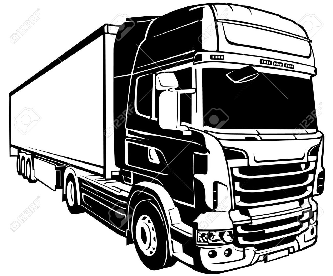 1300x1079 Trailer Truck Black Outlined Illustration Vector Royalty Free