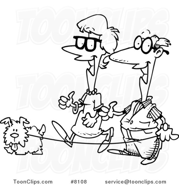 581x600 Cartoon Black And White Line Drawing Of A Senior Couple Walking