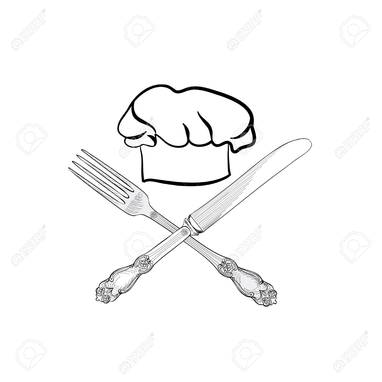1300x1300 Chef Cook Hat With Fork And Knife Hand Drawing Sketch Label