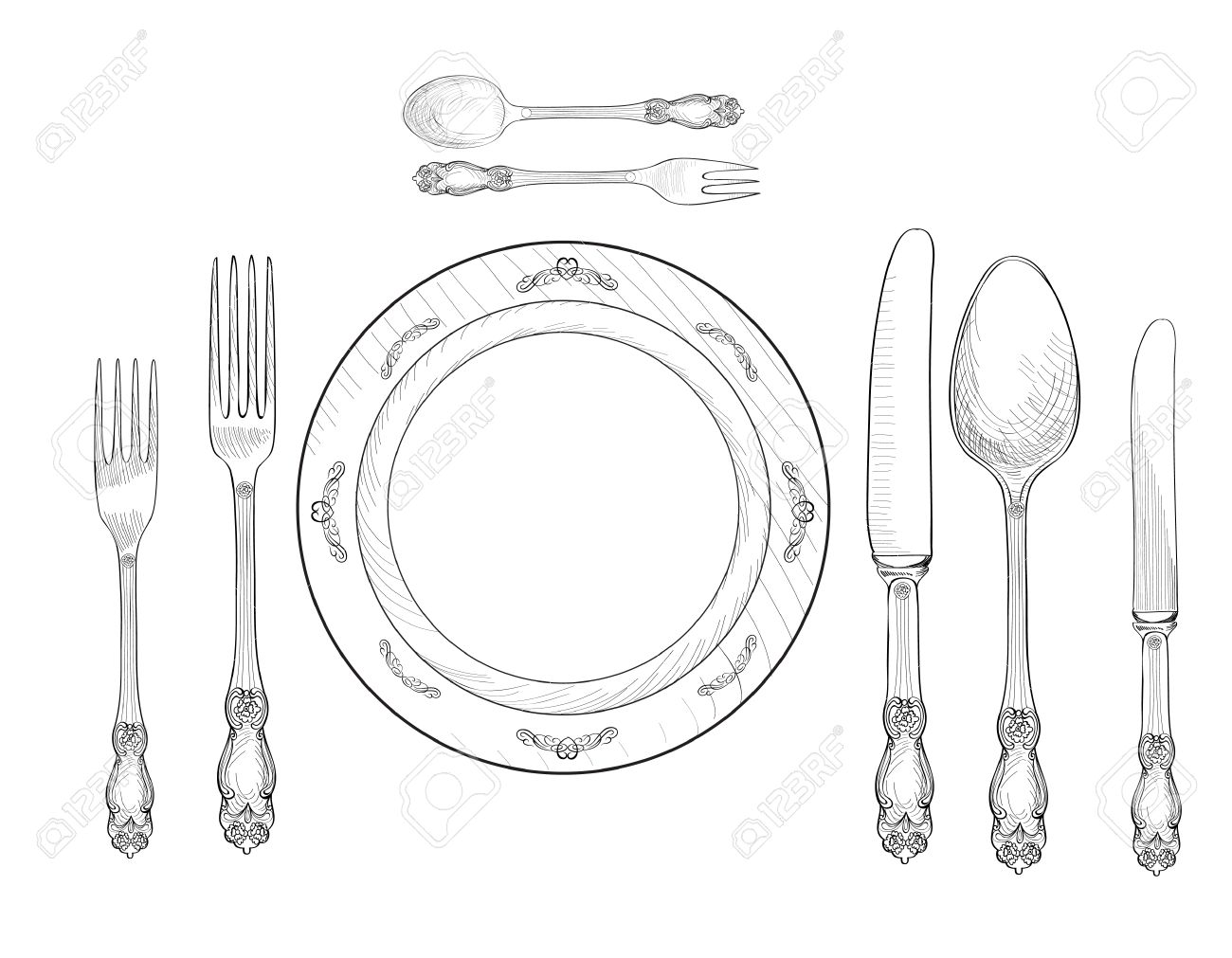 1300x1011 Table Setting Set. Fork, Knife, Spoon, Plate Sketch Set. Cutlery