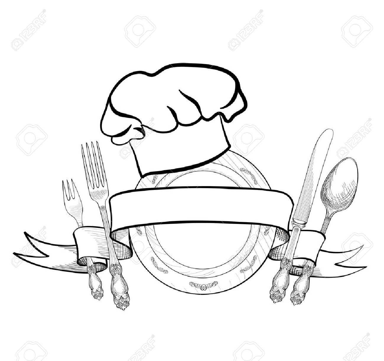 1300x1222 Chef Cook Hat With Fork, Spoon, Knife And Plate Hand Drawing