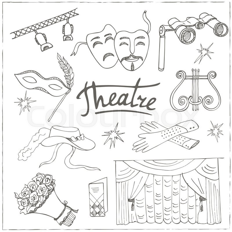 800x800 Hand Drawn Doodle Theater Set Masks Lyra Flowers Curtain Stage