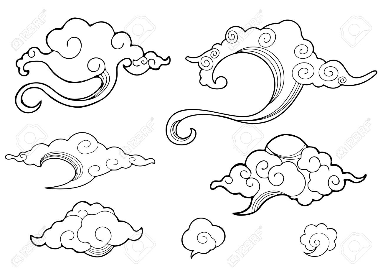 1300x919 Oriental Withe Cloud Ornament Set Design With Pen Drawing Line