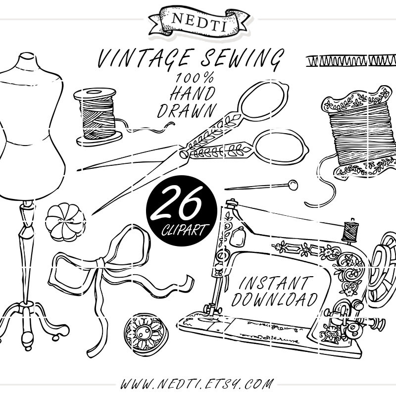 800x800 Vintage Sewing Fashion Doodle Hand Drawn Clipart Sketched
