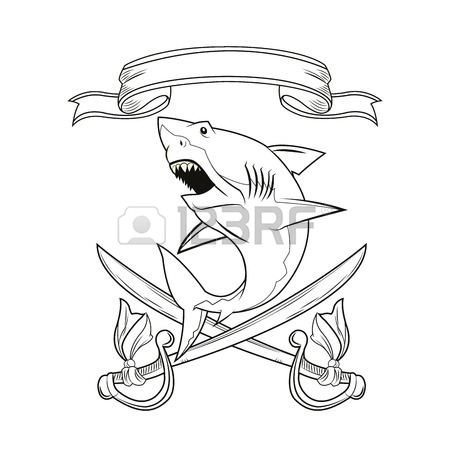 450x450 Shark Sword Ribbon Cartoon Pirate Tattoo Marine Nautical Icon