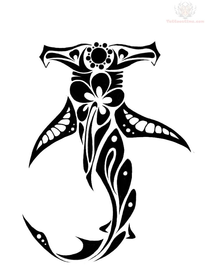 704x960 Hammerhead Shark Dark Black Ink Tattoo In Tribal Style With Floral