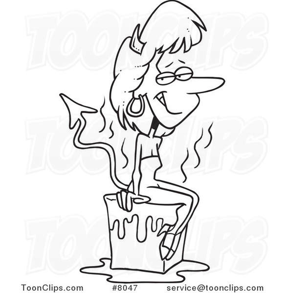 581x600 Cartoon Black And White Line Drawing Of A She Devil Cooling Off