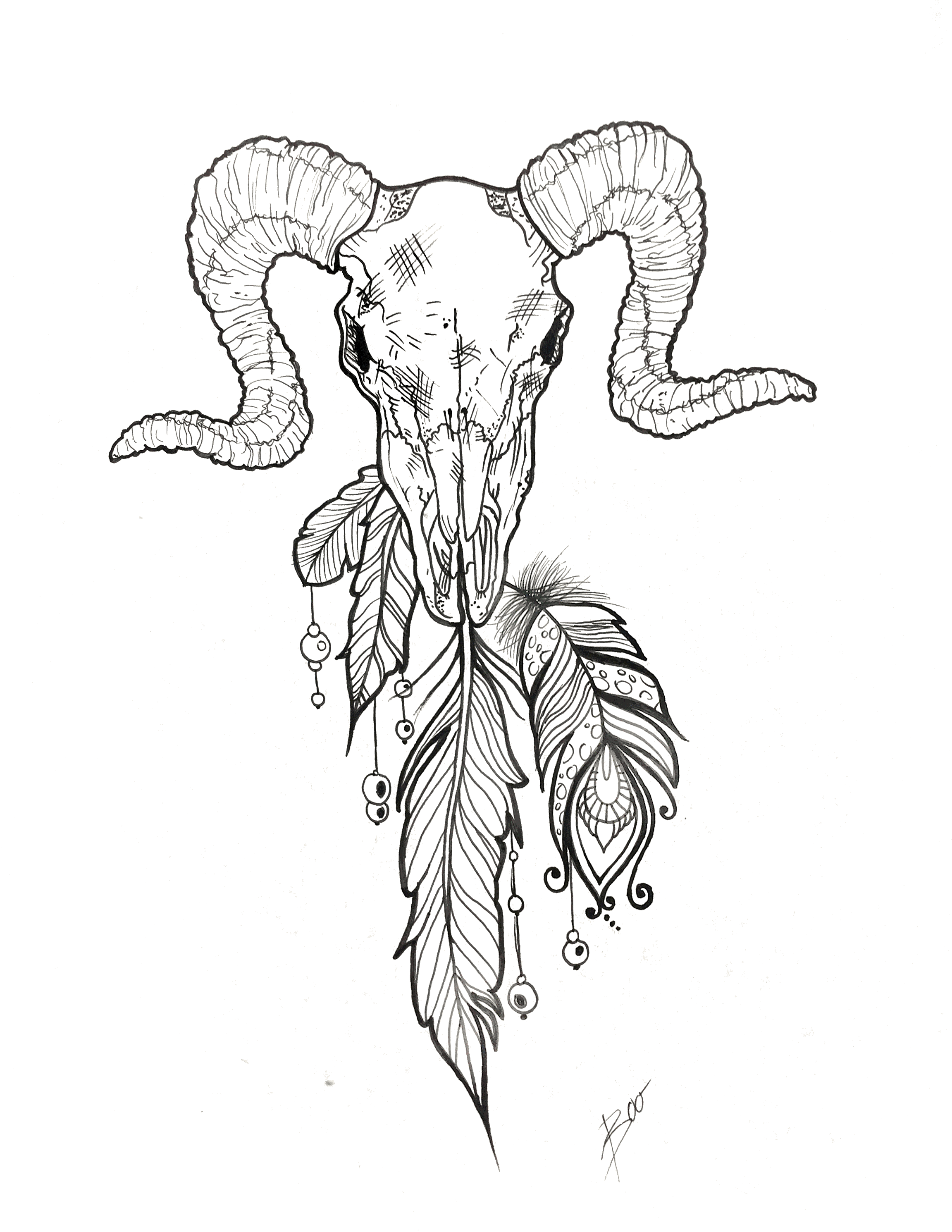 2303x2980 Aries Skull Tattoo Design Idea Skull Design With Feathers Fineline