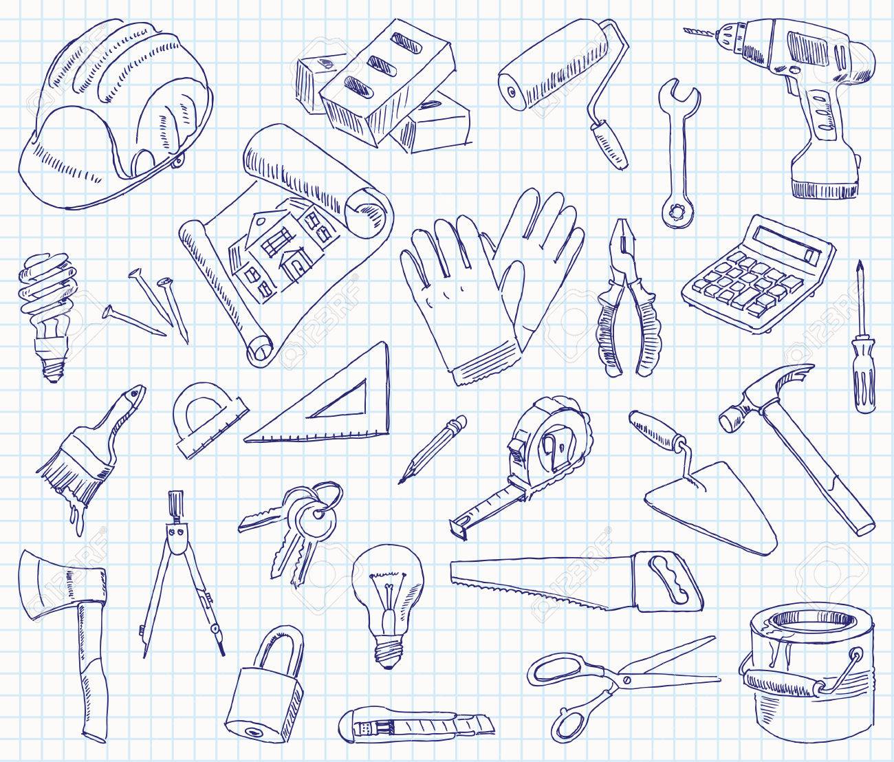 1300x1108 Freehand Drawing Building Materials On A Sheet Of Exercise Book