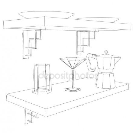 450x440 Sketch Drawing Of Kitchenware On Shelf Stock Photo Scale 08
