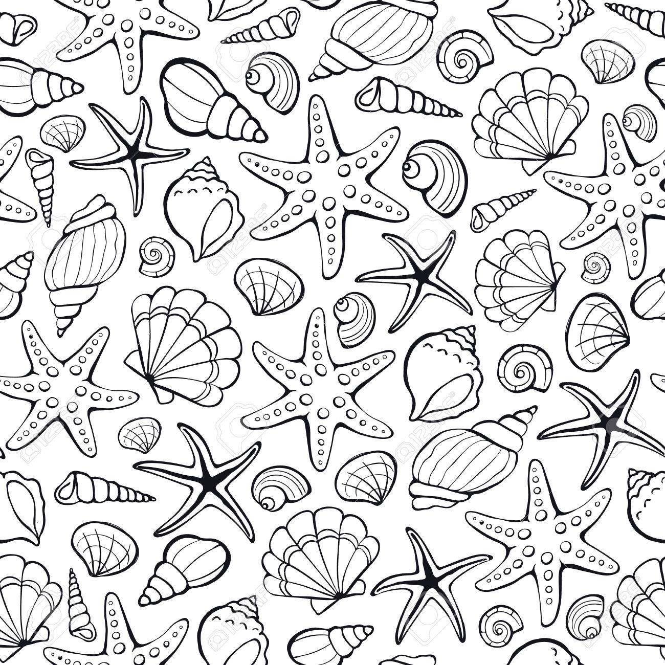 1300x1300 Seamless Background From Hand Drawn Sea Shells And Stars. Marine