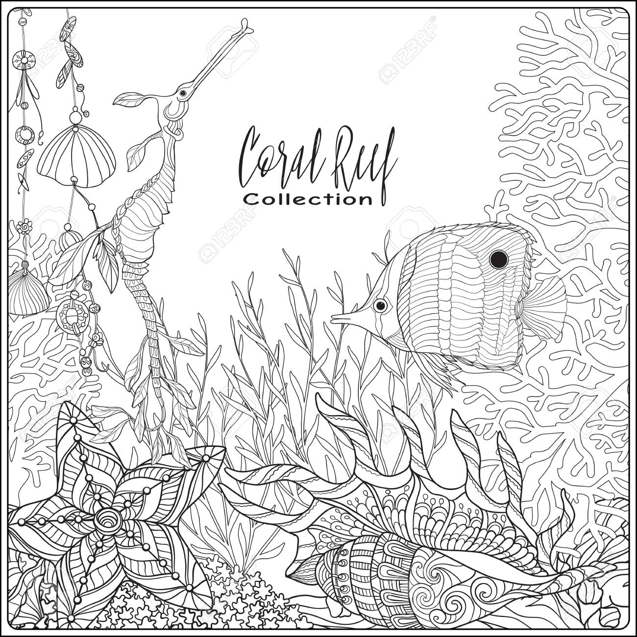 1300x1300 Coral Reef Collection. Corals, Fish And Sea Shells On Bottom