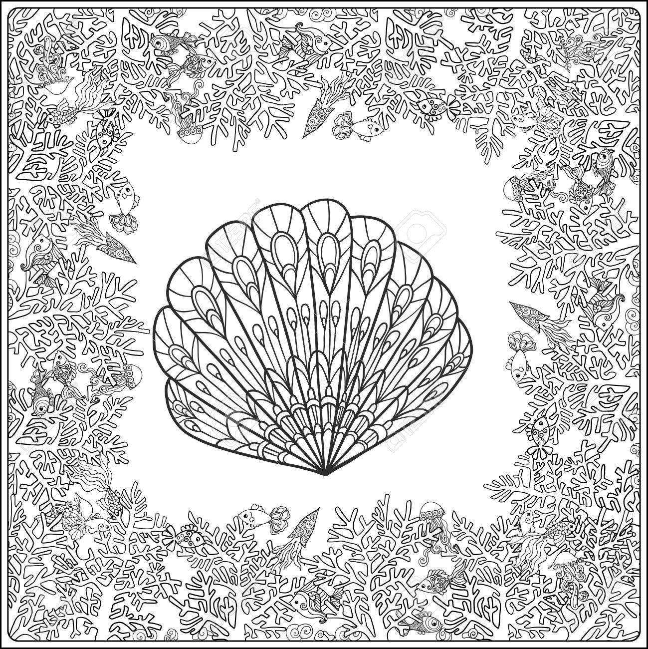 1299x1300 Adult Coloring Page With Corals And Sea Shells. Outline Drawing