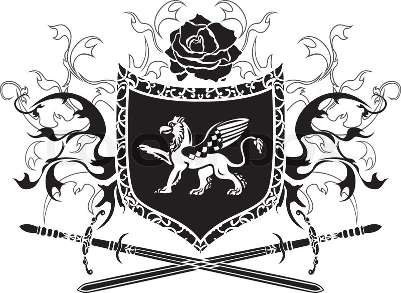 800x584 Shield With Griffin, Rose And Crossing Swords Stock Vector