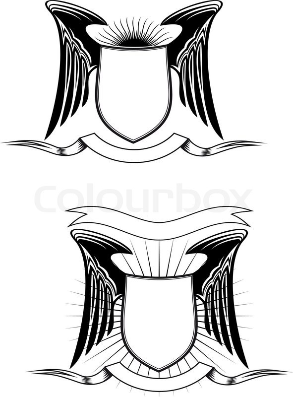 591x800 Heraldic Shields, Wings And Ribbons For Design Stock Vector
