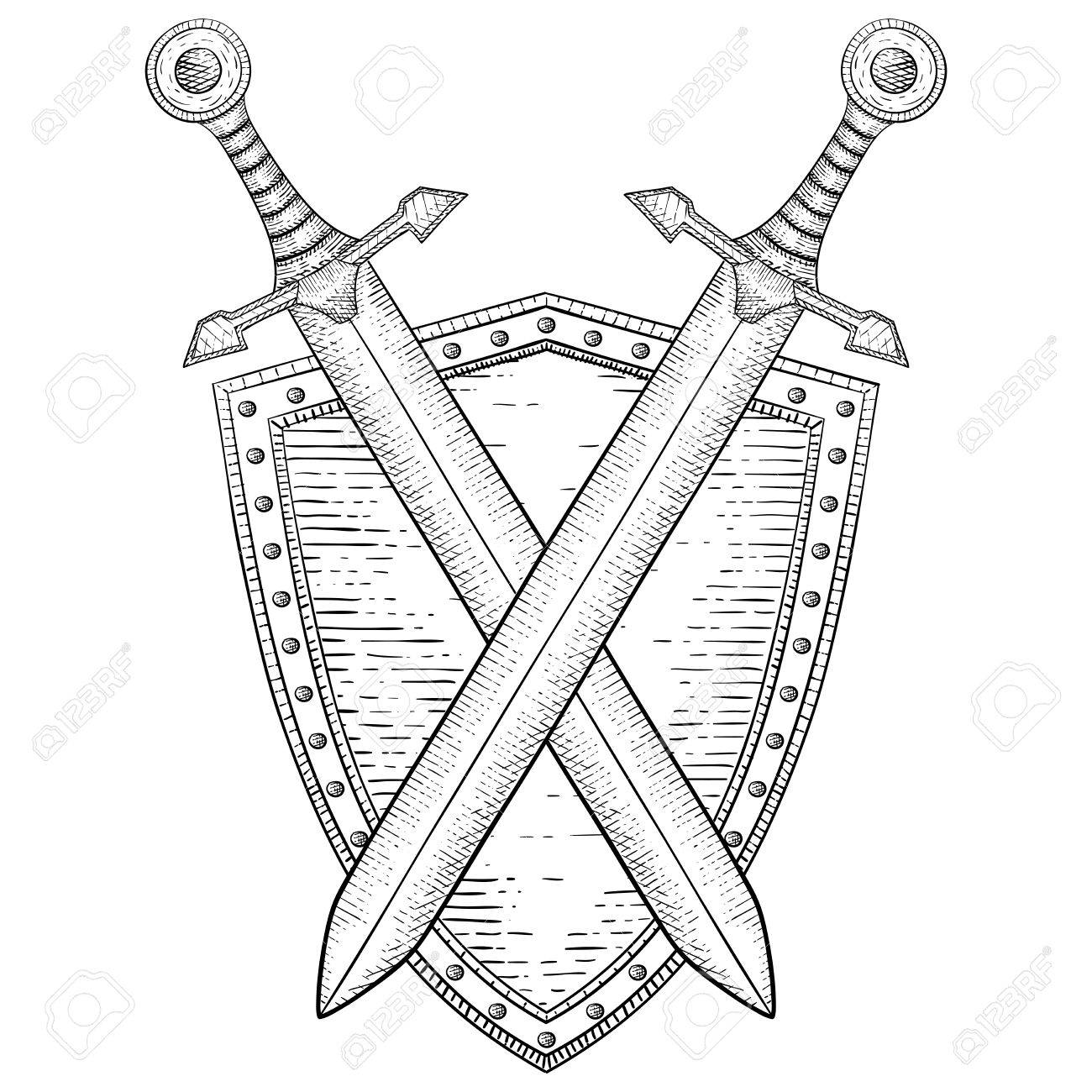 1300x1300 Shield With Crossed Swords. Hand Drawn Sketch Royalty Free